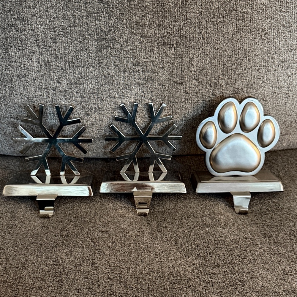 Silver Snowflake and Paw Stocking Hangers